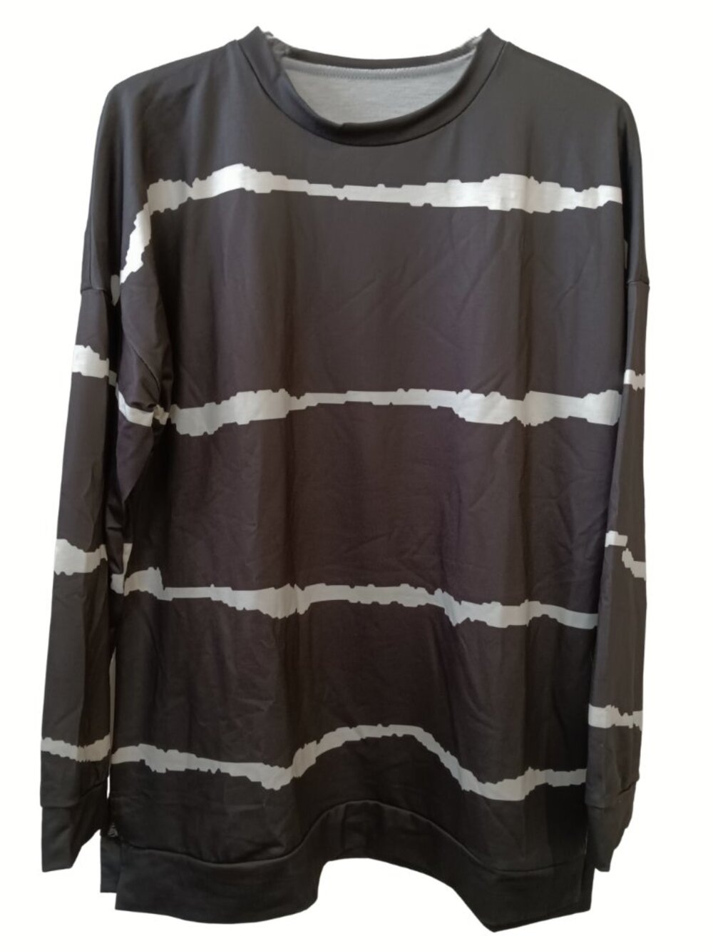 Women's Charcoal Color w/White Stripes Crewneck Pullover Sweatshirt Tunic Length
